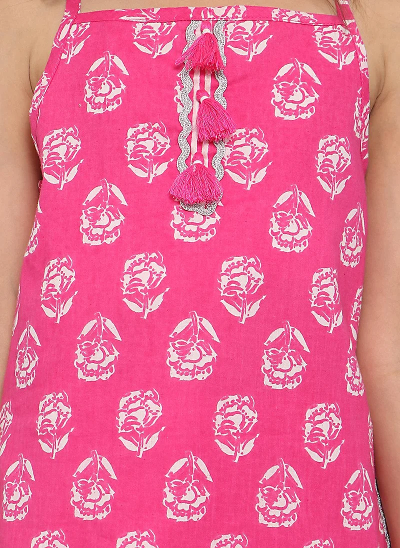 Nautinati Pink-White Girls' 100% Cotton All-over Print Kurti with Striped Dhoti Pants & Net Dupatta for Women | Best Price UAE